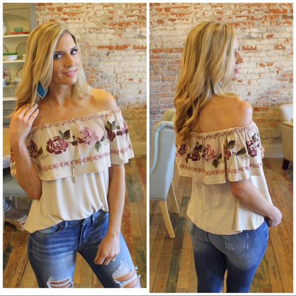 Infinity Raine Tops - ✨LAST✨Taupe embroidered ruffle off shoulder